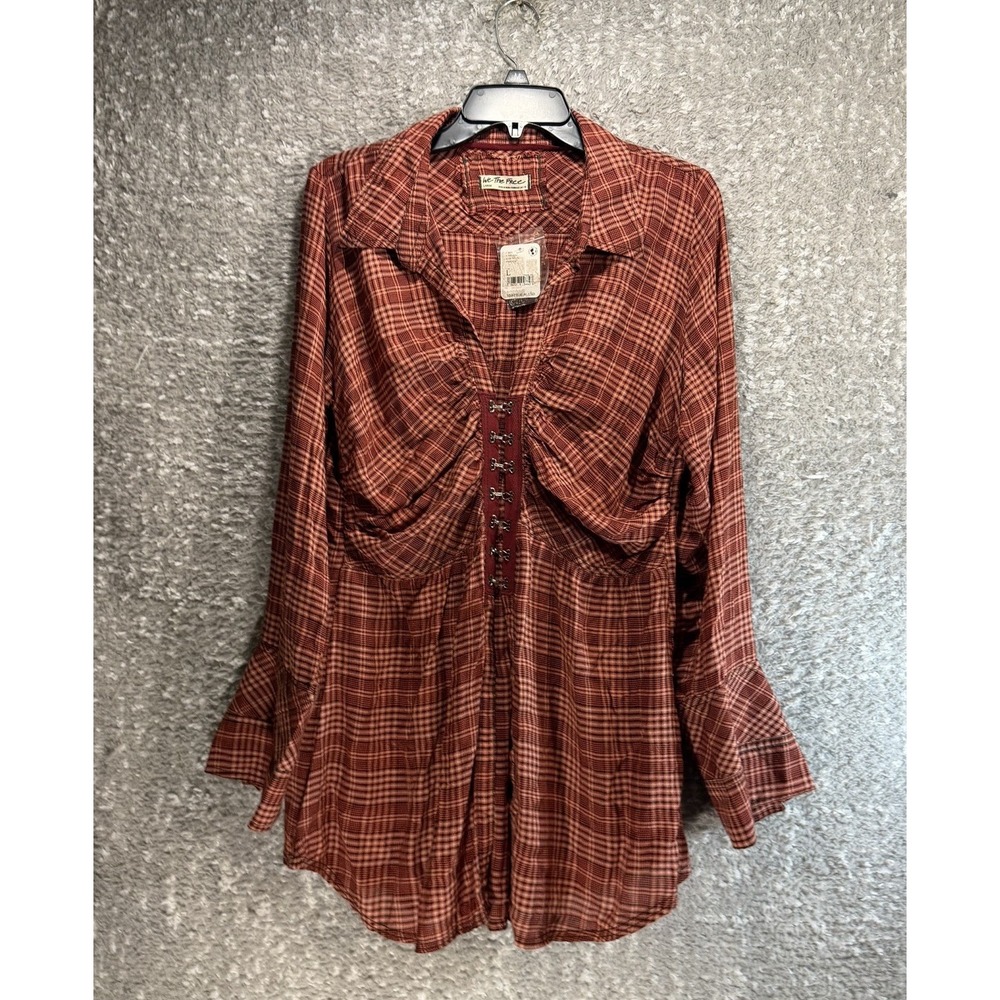 Free People Catalina Remade Shirt Red Bell Long Sleeves L Boho Festival NWT
